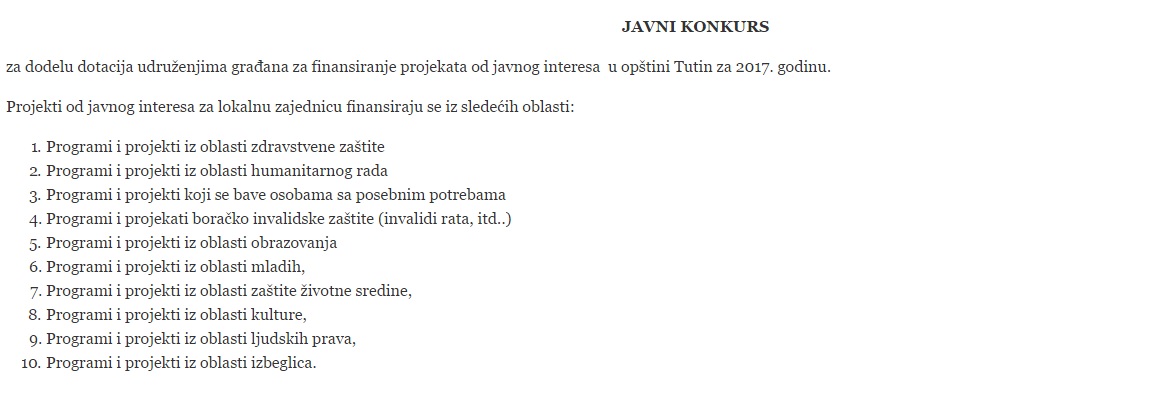 JAVNI KONKURS za dodelu dotacija udruženjima građana za finansiranje projekata od javnog interesa  u opštini Tutin za 2017. godinu