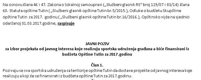 JAVNI POZIV-za izbor projekata od javnog interesa koje realizuju sportska udruženja građana a biće finansirani iz budžeta Opštine Tutin za 2017.godinu