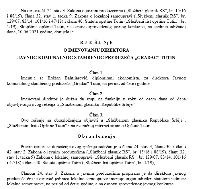 REŠENJE O IMENOVANJU DIREKTORA ERDŽAN BAHTIJAREVIĆ