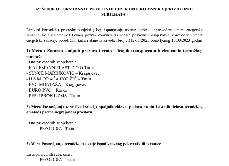REŠENJE O FORMIRANJU PETE LISTE DIREKTNIH KORISNIKA (PRIVREDNIH SUBJEKATA )