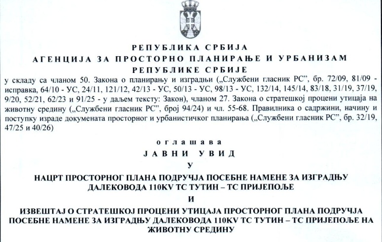 Javni uvid u nacrt prostornog plana područja posebne namene za izgradnju dalekovoda 100KV TC Tutin-TC Prijepolje